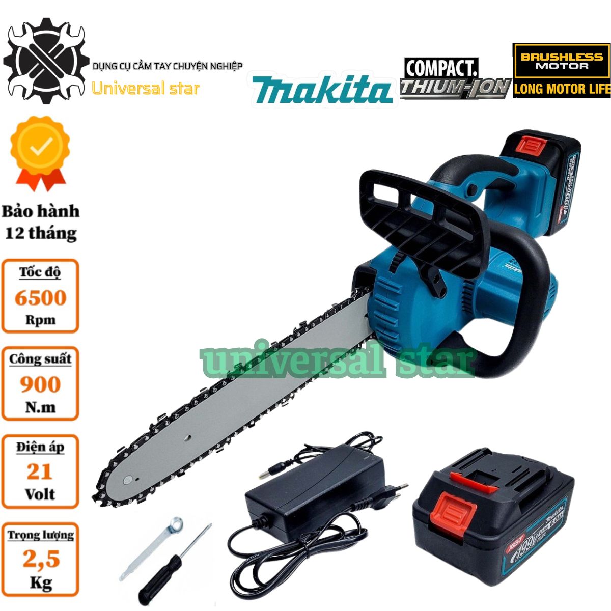 Máy cưa xích pin Makita 199V, công suất 1000W, lam xích khổ 12 inch, lam dài 30cm, động cơ không chổi than, hệ thống bơm nhớt tự động, Tốc độ xích chạy max 5m/s, Pin 10cell li-ion dung lượng lớn.