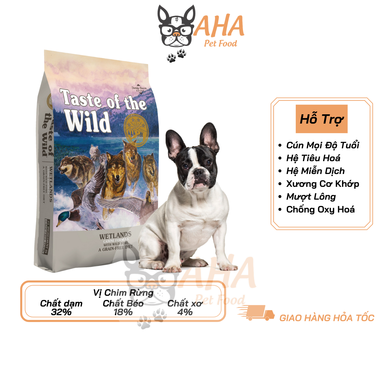 Thức Ăn Cho Chó Bull Pháp - Taste Of The Wild - Wetlands Thịt Chim Rừng Trái Cây Rau Củ Quả Da Lông Bóng Mượt Hệ Miễn Dịch & Hệ Tiêu Hoá Khoẻ Mạnh Men Vi Sinh Đường Ruột - ahapetfood