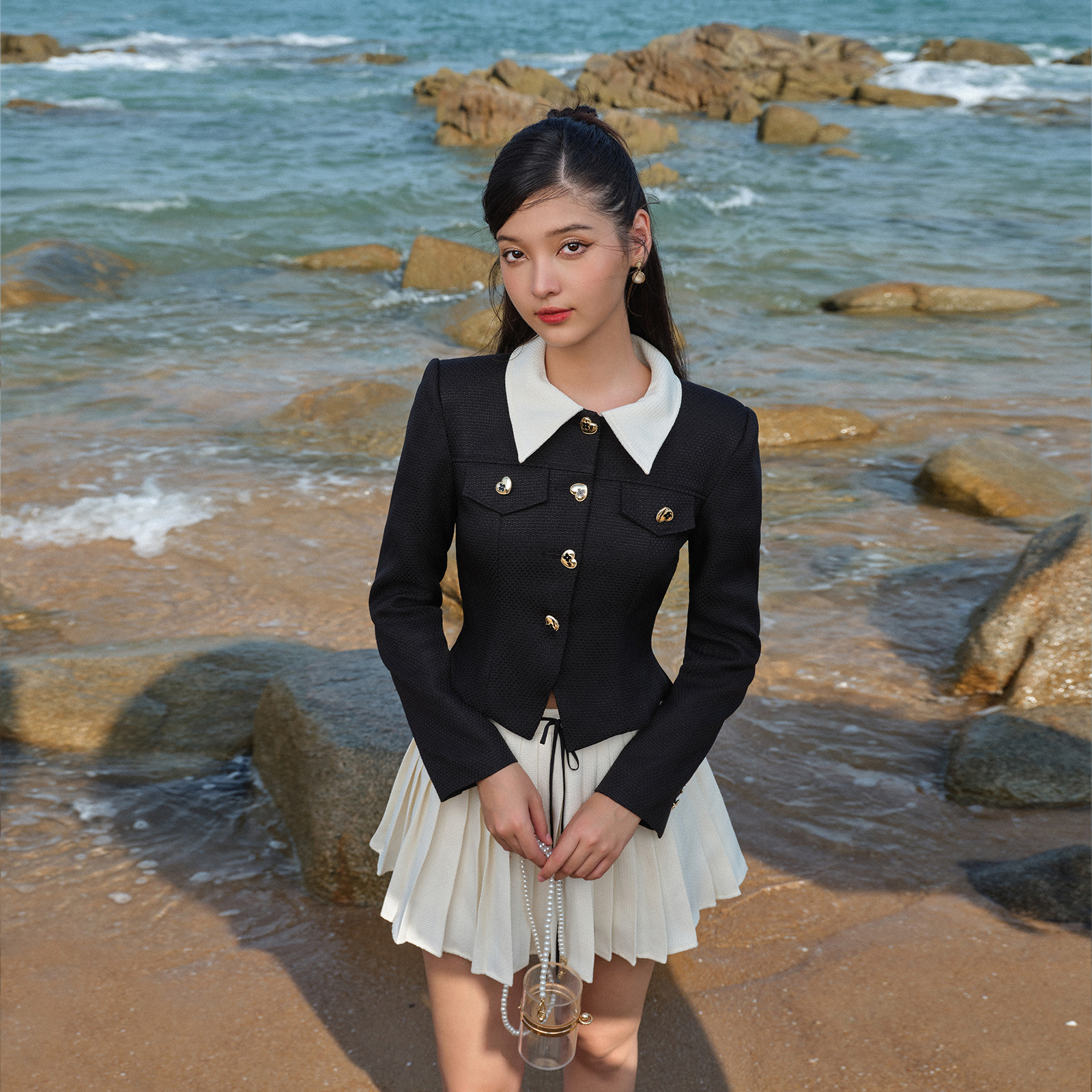 Darling.ism - áo khoác phối nút kim loại quinn jacket vải bố hạt