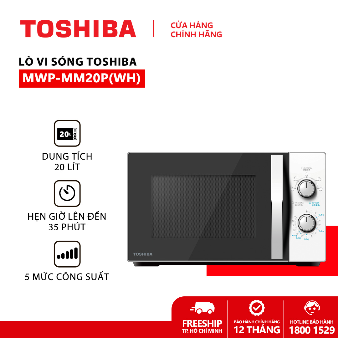 Lò vi sóng Toshiba MWP-MM20P(WH)/MWP-MM20P(BK) - Dung tích 20 lít, 5 mức công suất, Kết hợp chống thấm 3 lớp, Kháng khuẩn bên trong lò - Hàng chính hãng bảo hành 12 tháng, chất lượng Nhật Bản