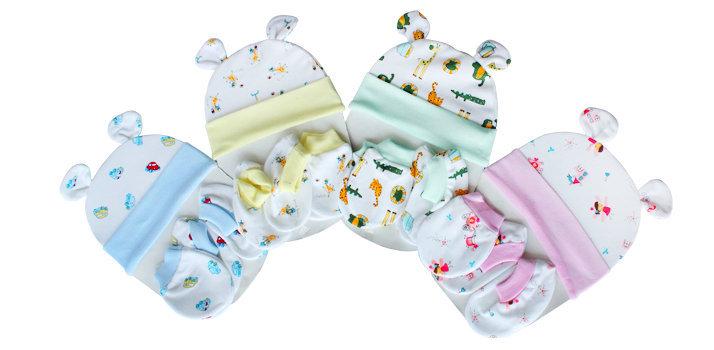 [HCM]Combo 5 nón vải và 10 cặp bao tay bao chân họa tiết cùng màu cho bé sơ sinh