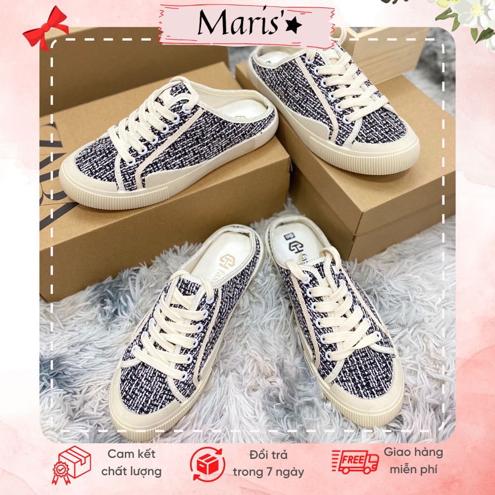 Giày sục nữ FS Doll đạp gót ⚡ Siêu Rẻ ⚡ Giày bệt nữ đạp gót thêu dạ đen họa tiết trắng nhẹ nhàng thời trang Hottrend