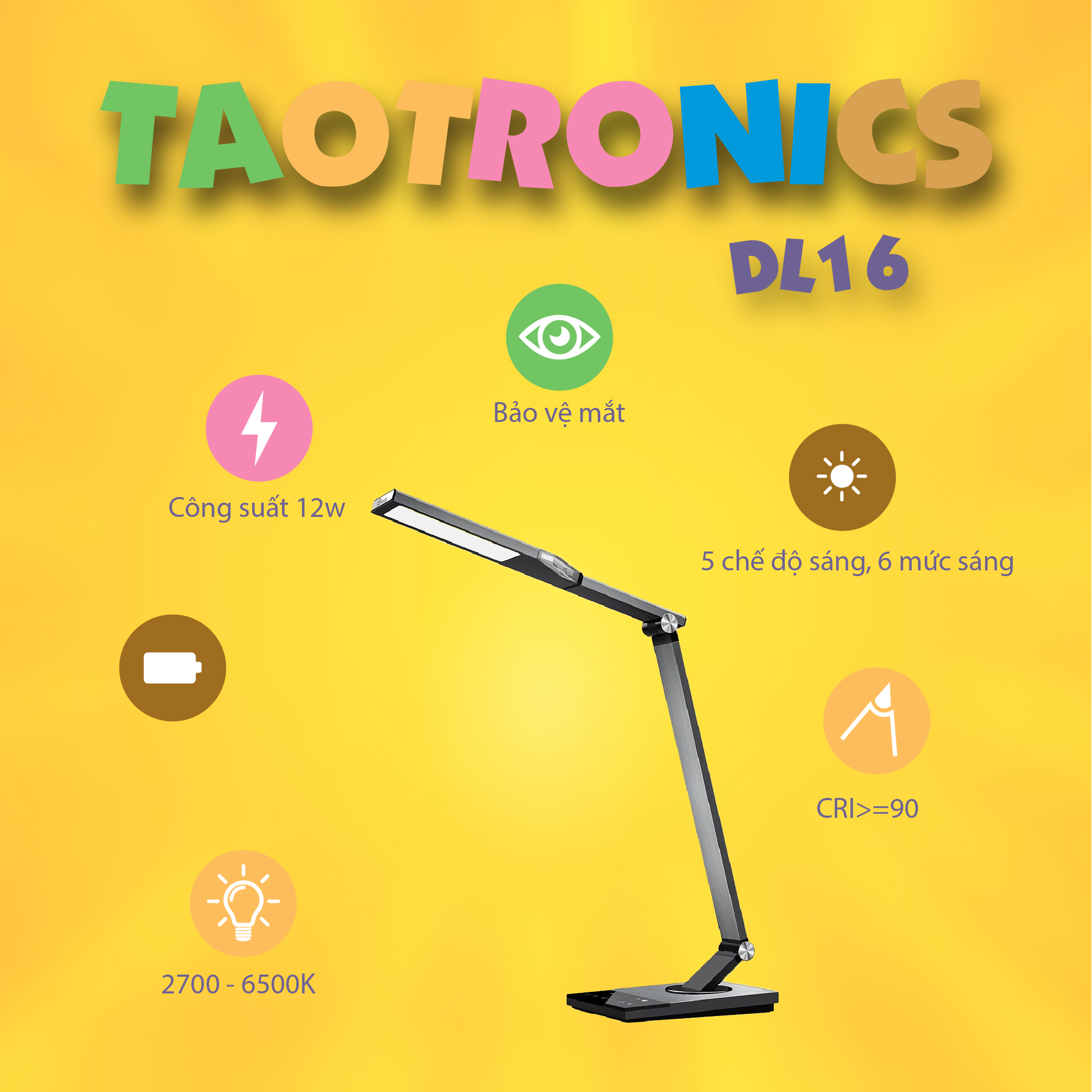 Đèn LED để bàn thông minh TaoTronics TT-DL16, 12W, 5 chế độ ánh sáng, 6 mức sáng, thân kim loại