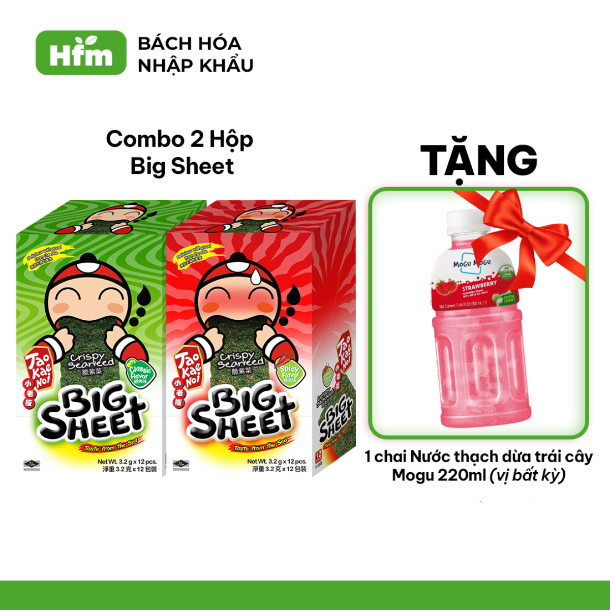 [MUA 2 HỘP TẶNG 1 CHAI MOGU 220ML] Rong Biển Taokaenoi BIG SHEET 3.2g (12 Gói/Hộp) Ăn Vặt Nhập Khẩu Thái Lan Chính Hãng Nhiều Vị Lựa Chọn