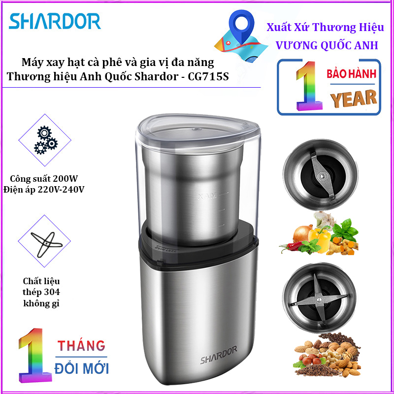 Máy xay hạt cà phê và gia vị đa năng thương hiệu Shardor CG715S, chất liệu thép không gỉ 304, công suất 200W