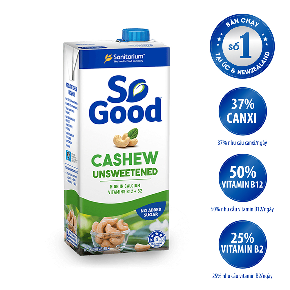 Sữa hạt điều không đường So Good Úc 1L, calo thấp, bổ xung canxi và vitamin phù hợp mẹ bầu, người ăn kiêng
