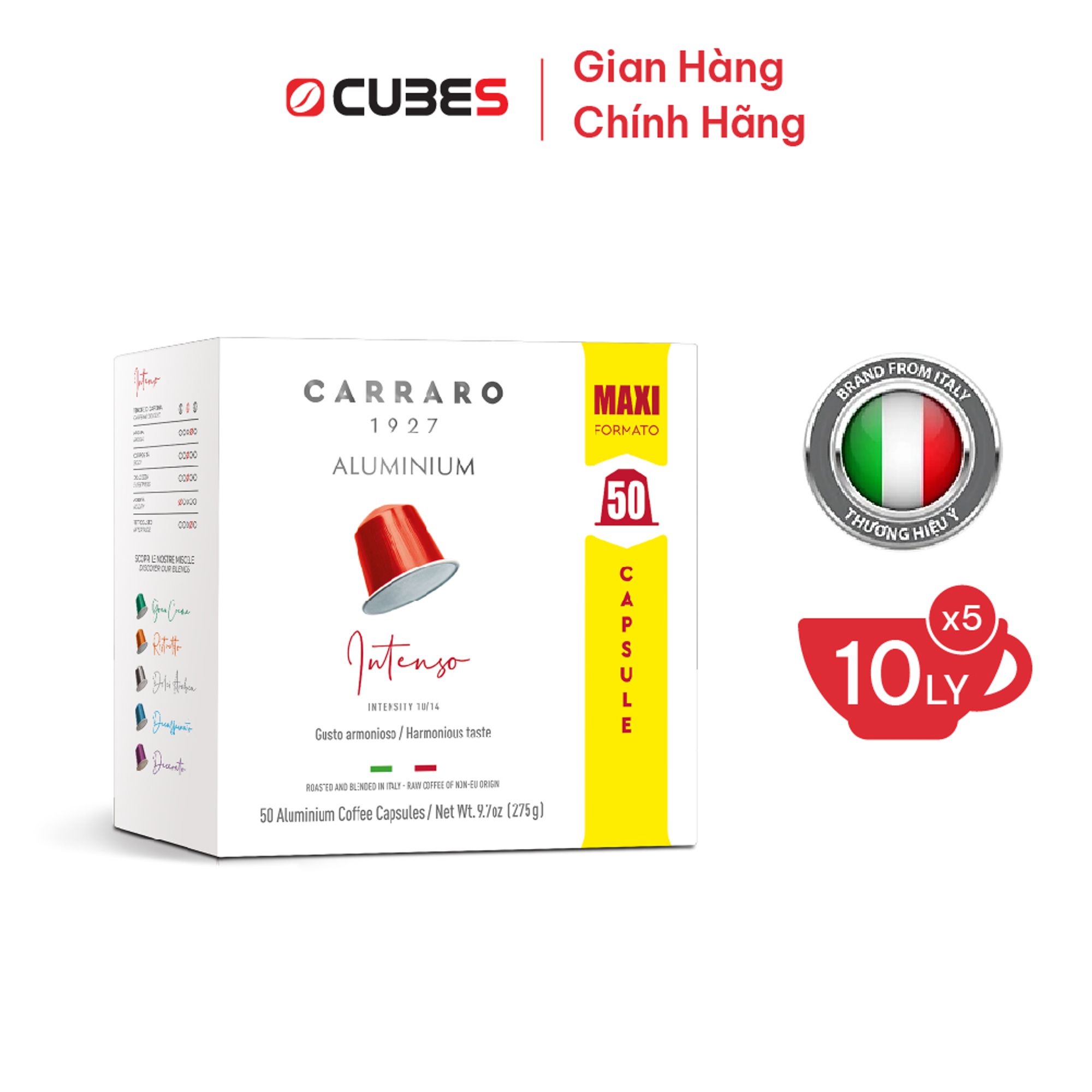 Hộp 50 viên cà phê viên nén nhôm Carraro Intenso - Nhập khẩu từ Ý-Tương thích với máy capsule Nespresso