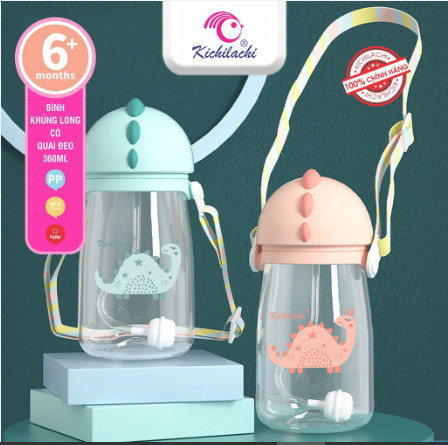 Bình nước ống hút có dây đeo Kichilachi khủng long 360ml  (giao màu xanh hoăc cam)