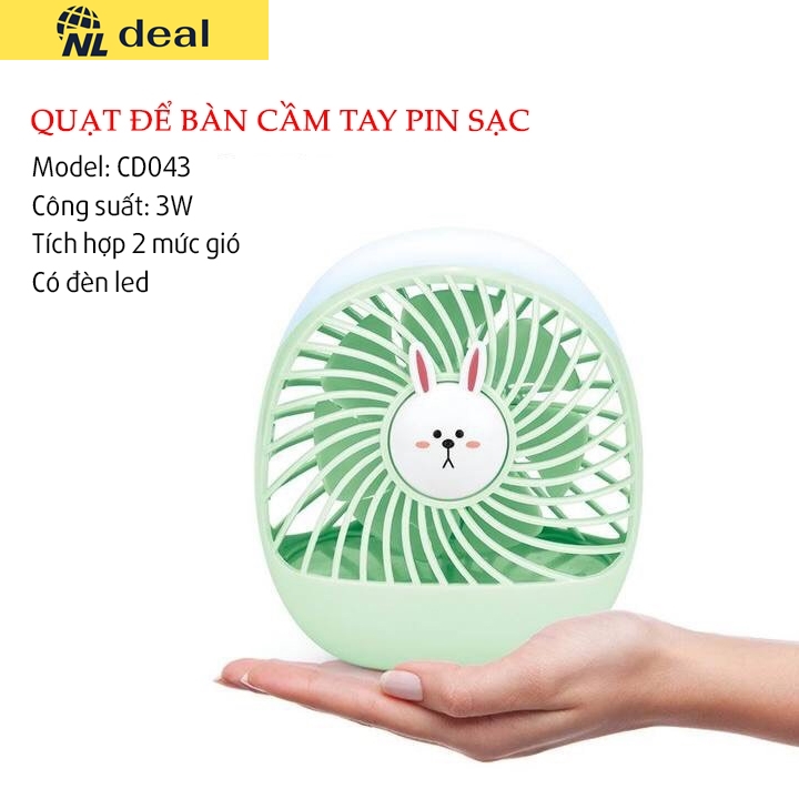 Nldeal quạt để bàn pin sạc changda model cd043 họa tiết hoạt hình ngẫu nhiên có 2 mức gió công suất 3w