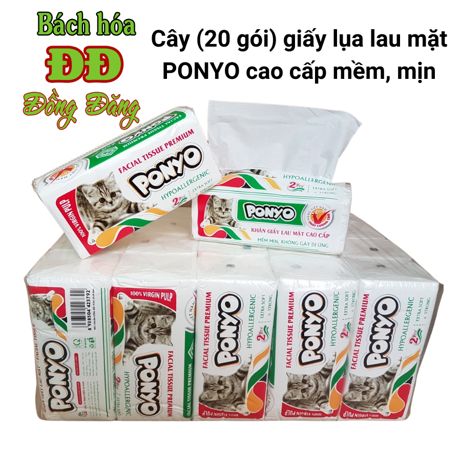 Cây (20 bịch) khăn giấy rút lụa lau mặt PONYO cao cấp (250 tờ/gói) - 2 lớp
