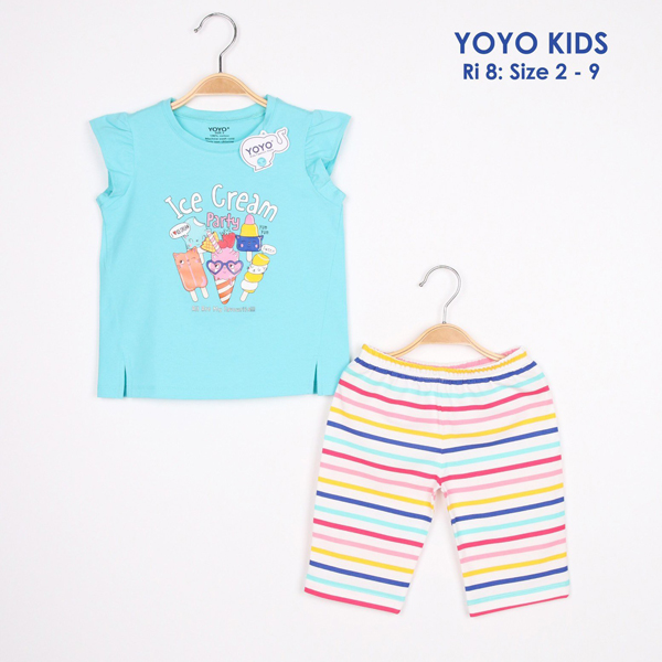 Bộ quần áo thun 4c áo xẻ tà thân trước in ICE CREAM, quần in sọc mềm mịn Size 2-9