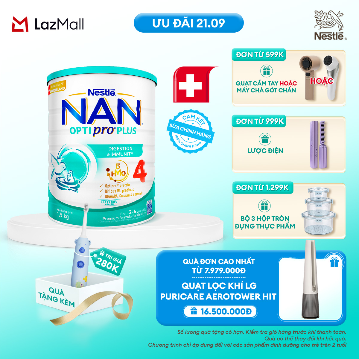[Tặng bàn chải điện] Sữa bột Nestlé NAN OPTIPRO PLUS 4 1500g/lon với 5HMO Giúp tiêu hóa tốt