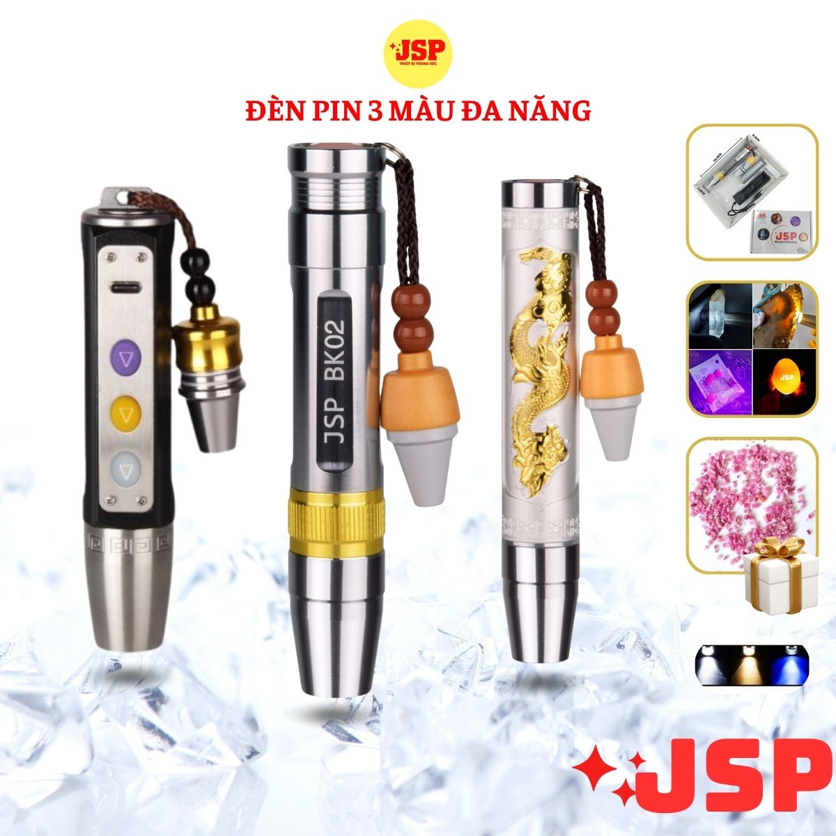 Đèn soi đá quý siêu sáng nhiều loại 3 màu đèn soi cua tiện dụng đèn soi đa năng đầy đủ sạc pin JSP