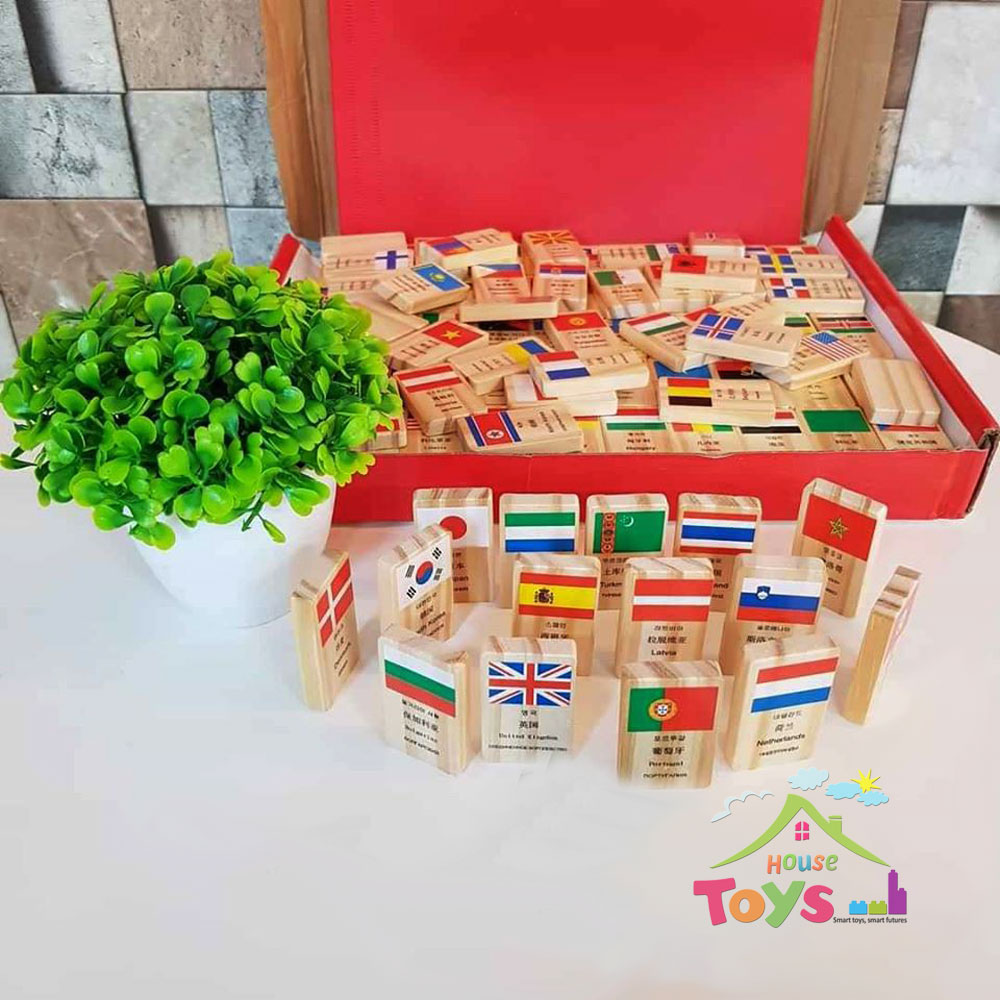 Bộ domino cờ 100 quốc gia bằng gỗ 4 thứ tiếng