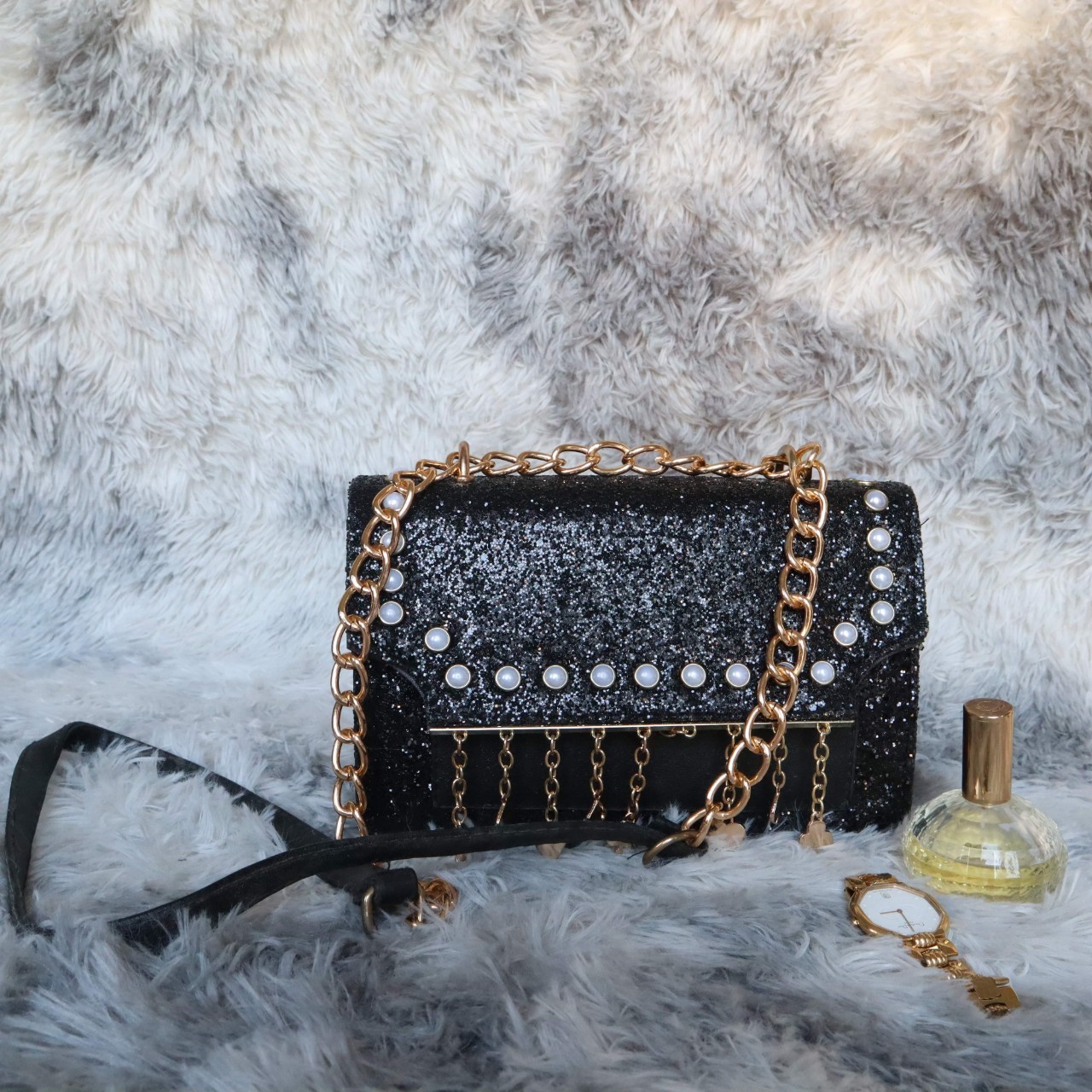 Túi đeo chéo, Túi xách nữ thời trang, Túi xách viền ngọc trai kim tuyến quai dây xích mạ đồng