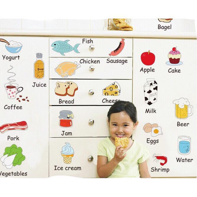 decal dán tường nhà bếp tủ lạnh kèm tiếng anh cho bé học hỏi