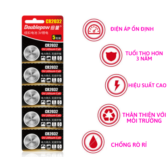 Vỉ 05 Viên Pin Nút CR2032 - Pin Doublepow Lithium Cell 3V 220 mAh Dùng cho Chìa Khóa Ô Tô, CMOS Máy Tính, Cân Điện Tử và Các Thiết Bị Điện Tử Khác