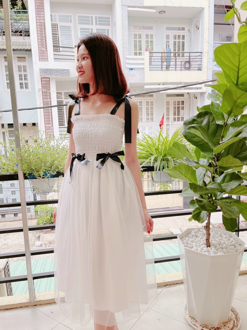 Đầm lưới đính nơ,đầm 2 dây phối nơ,ly store