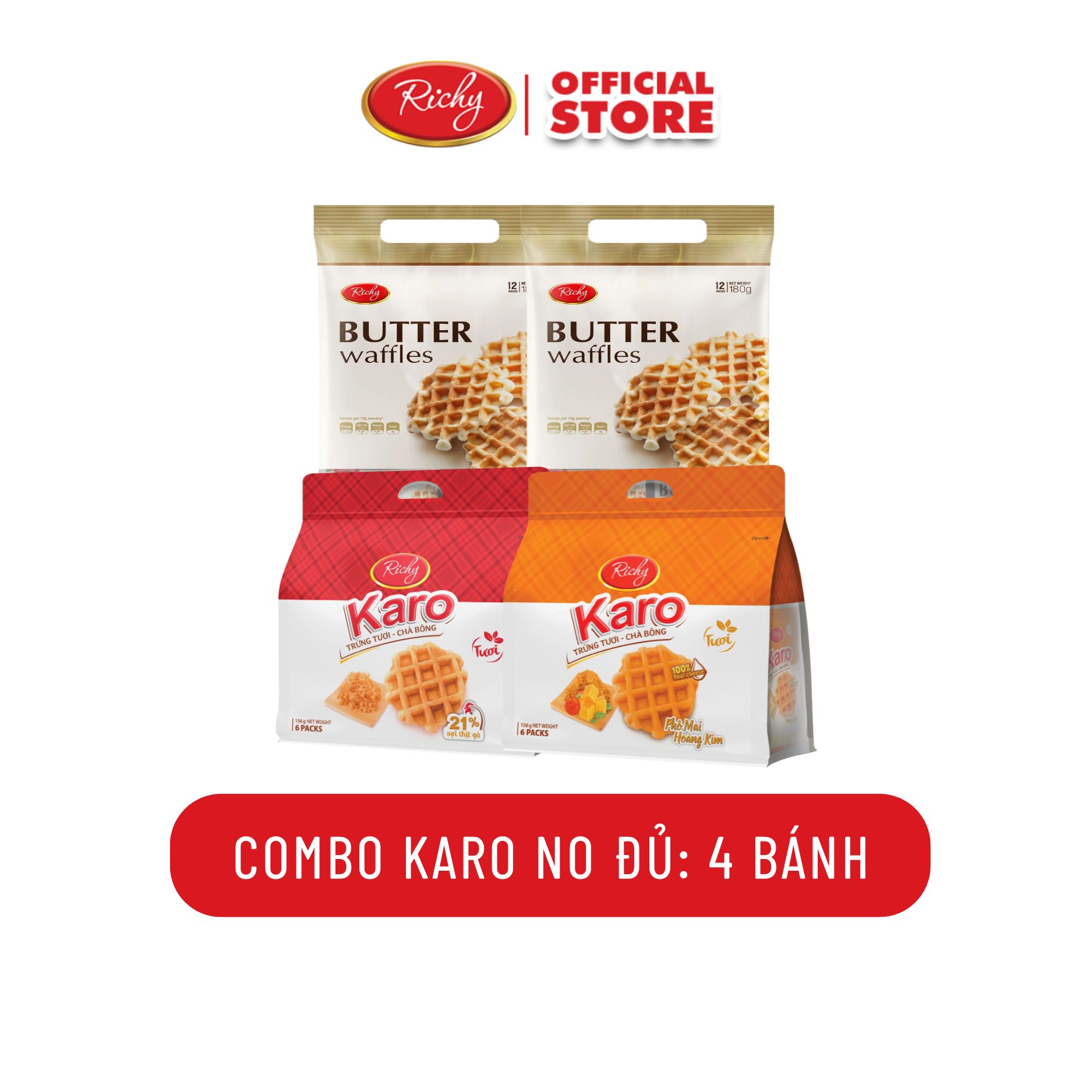 Combo 4 bánh Karo no đủ mix vị, karo sợi gà, karo hoàng kim, 2 bánh karo bơ trứng giòn xuất Nhật, bánh ăn sáng dinh dưỡng - Bánh kẹo Richy