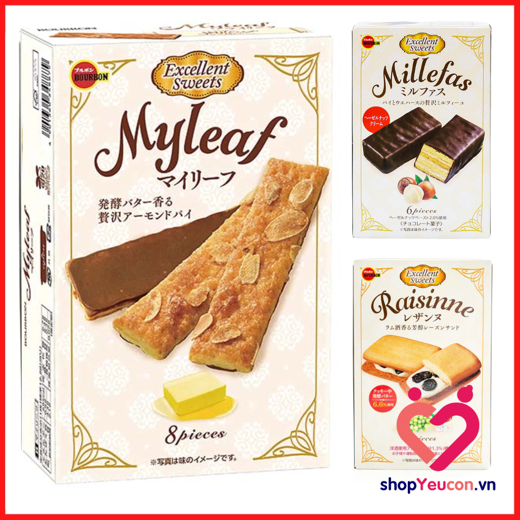Bánh quy Bourbon phủ Socola đen Millefas My Leaf bơ hạnh nhân, Raisinne bơ kẹp nho khô T10/2024