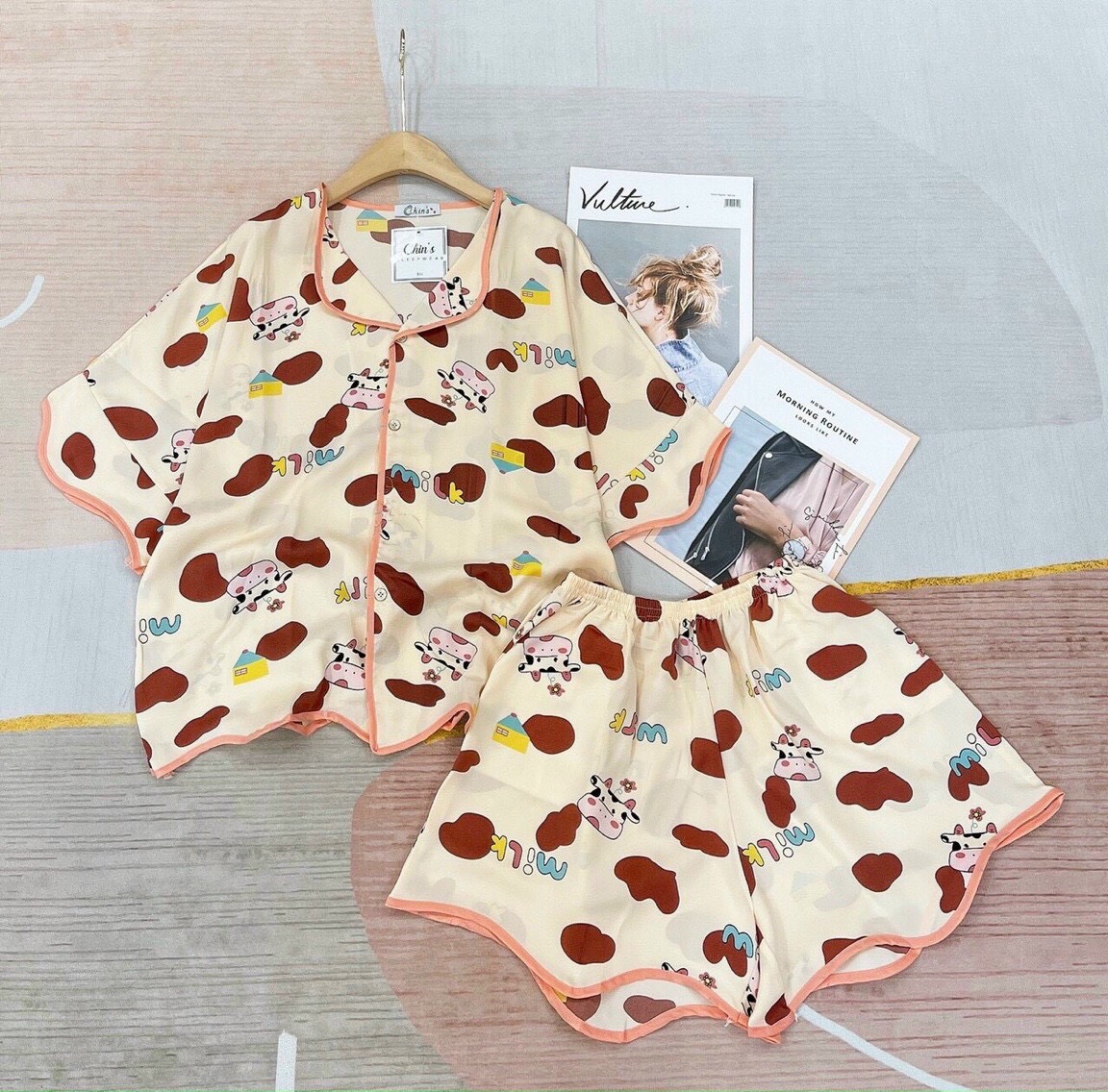 Set đồ bộ ngủ lụa satin áo tay ngắn, quần đùi mát mẻ - mtb