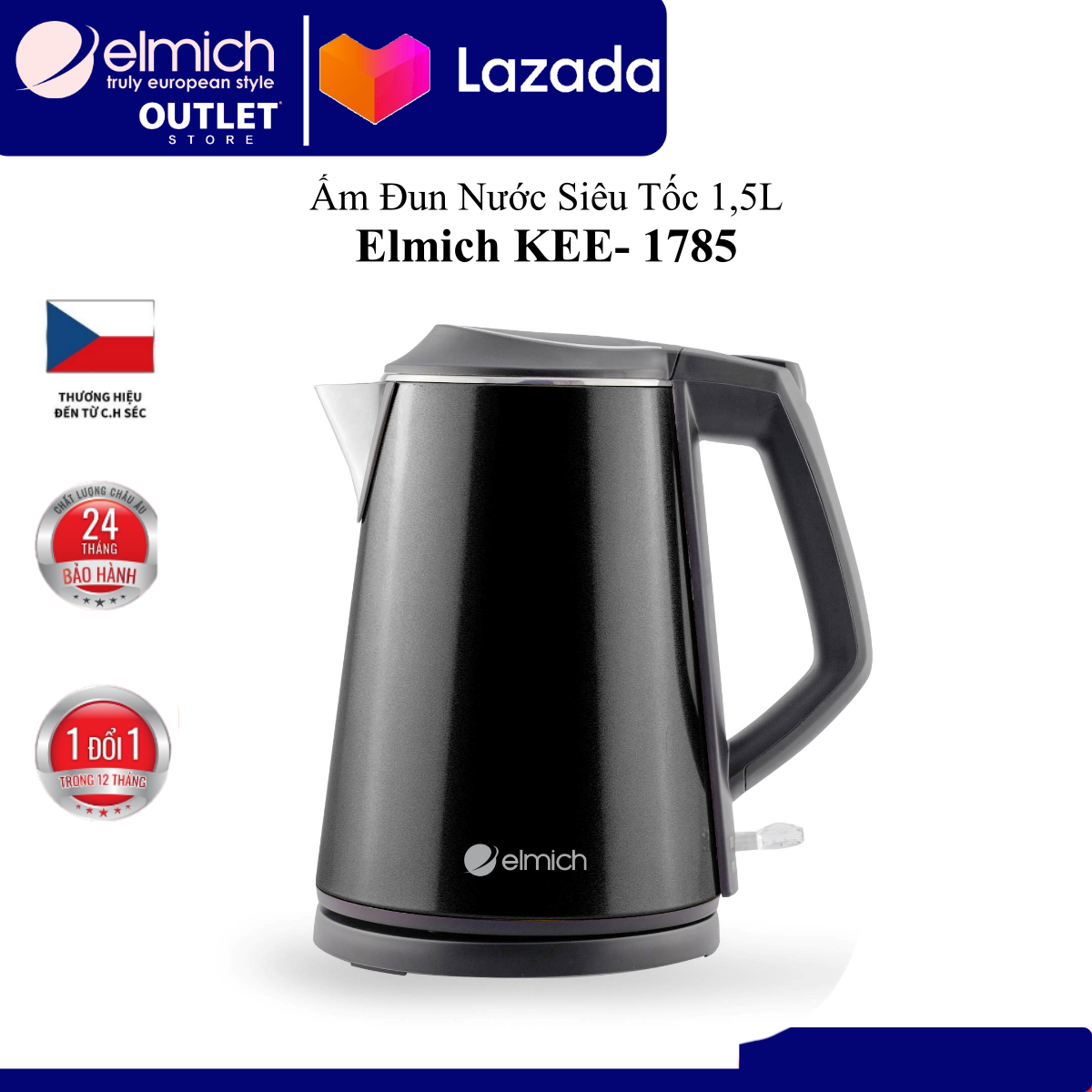 Ấm đun nước siêu tốc Elmich KEE-1785 (Dung tích 1,5L - Điện áp 220V - Công suất 1800W - Màu Đen)