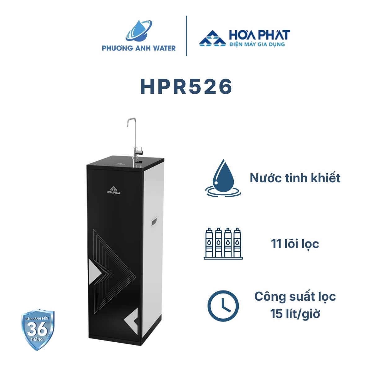 Máy lọc nước RO Hòa Phát HPR526 tủ đứng, 11 lõi lọc, màng RO 75G từ Hàn Quốc, công suất lọc 15 lít/giờ, bảo hành 36 tháng