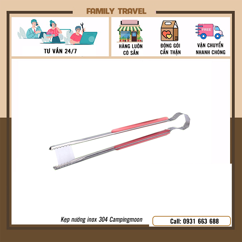 Kẹp gắp nướng thịt Campingmoon - Kẹp inox 304 gắp thức ăn, gắp đồ nóng, gắp đá cắm trại dã ngoại - Family Travel