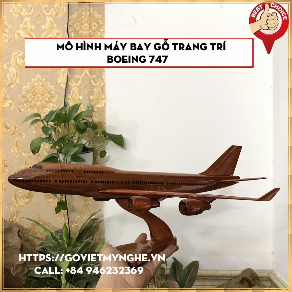 Mô hình máy bay gỗ trang trí - máy bay mô hình boeing 747 - trang trí bàn làm việc - cỡ lớn - gỗ tự nhiên