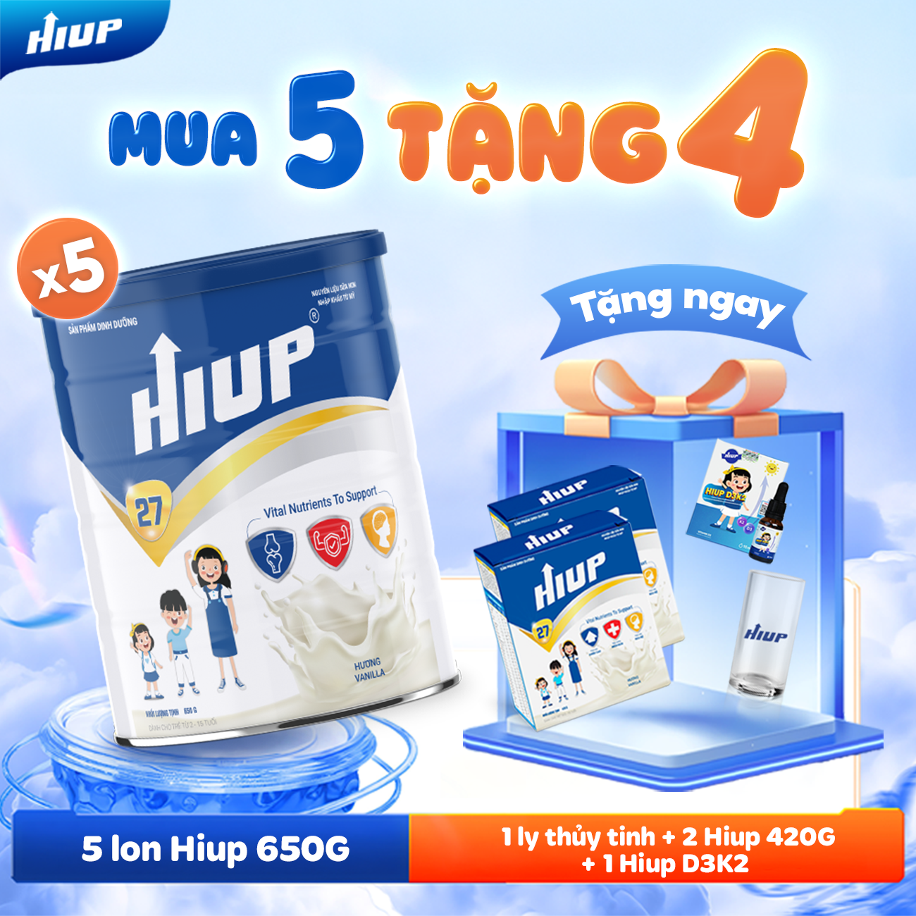 [MUA 5 TẶNG 2 hộp hiup 420gr và 1 d3k2] Lon Sữa bột HIUP 650g Cho Trẻ Từ  2 - 15 Tuổi Bổ Sung Canxi, DHA, Vitamin D3 K2, Protein, Sữa Tăng Chiều Cao Cho Bé Hàng Chính Hãng  - NOT VAT