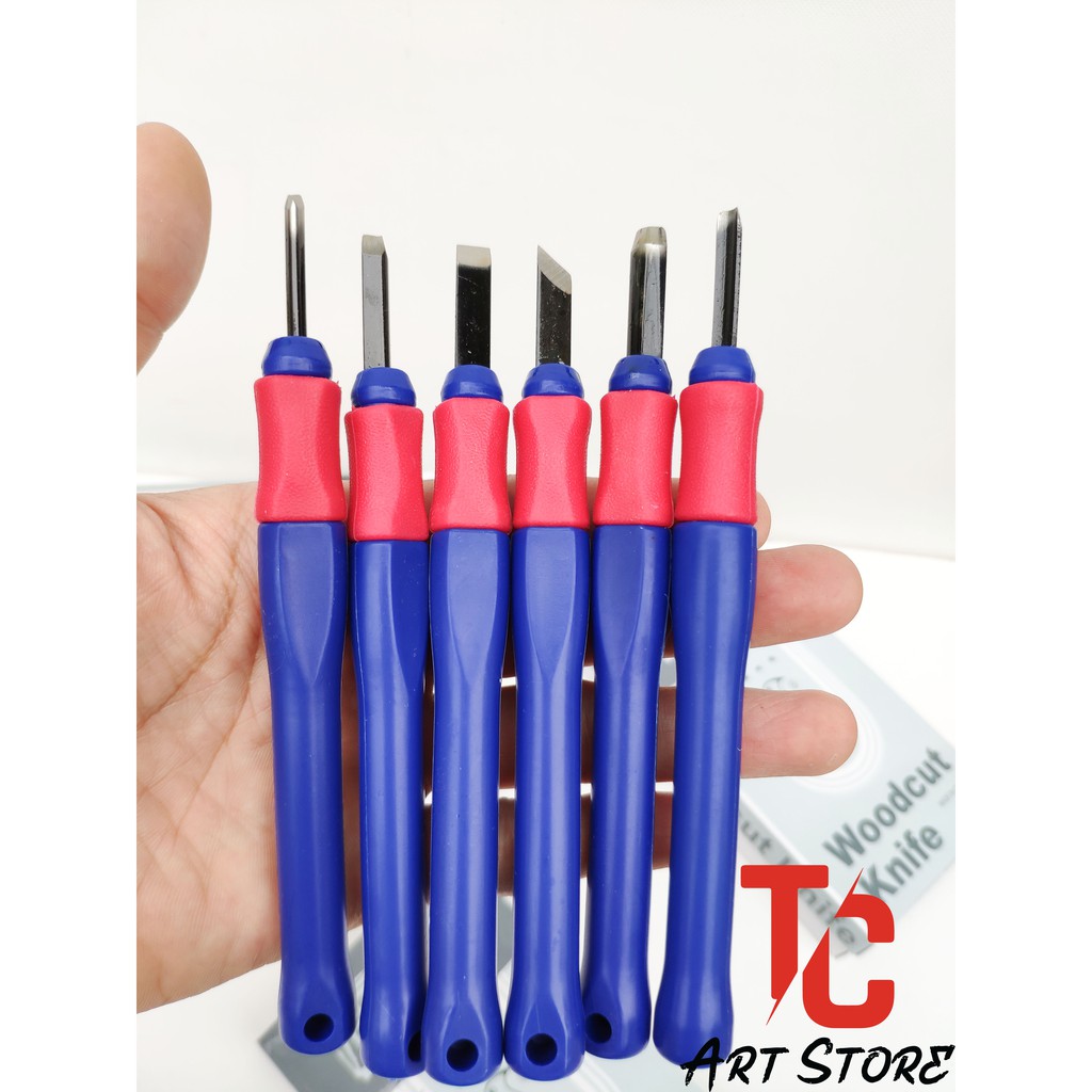 Bộ 6 dao điêu khắc gỗ, khắc dưa, dao đục gỗ woodcut knife cán nhựa