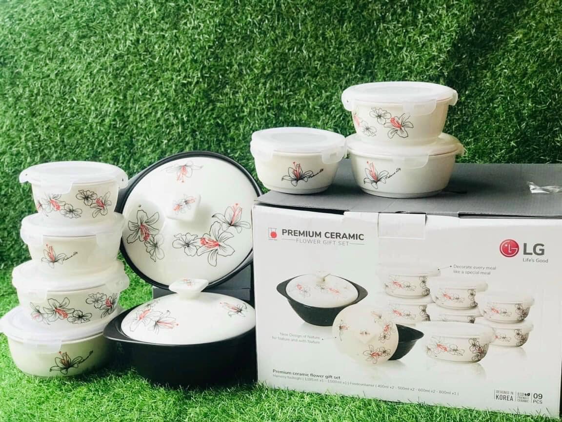 BỘ 2 NỒI ĐẤT VÀ 7 THỐ SỨ CAO CẤP HOA LY DONGHWA LG