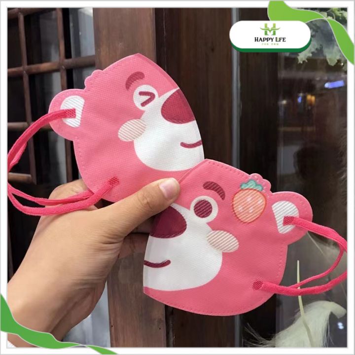 Khẩu Trang Trẻ Em Gấu Lotso Dễ Thương (Túi 10 Cái) – 3 Lớp Bảo Vệ, Êm Mềm, Hình Thú Siêu Cute
