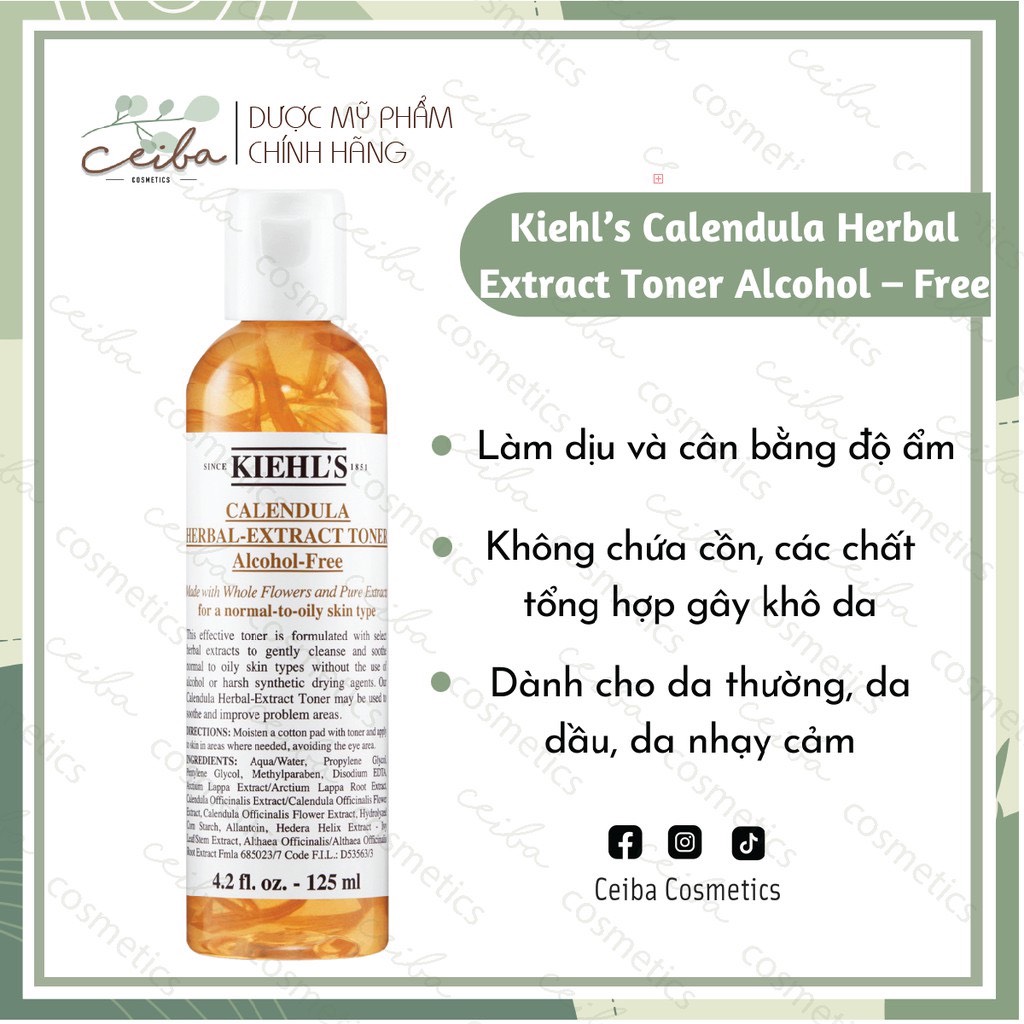 Nước hoa hồng Toner hoa cúc không cồn lành tính Kiehl's Calendula Herbal Extract Alcohol-free 125ml
