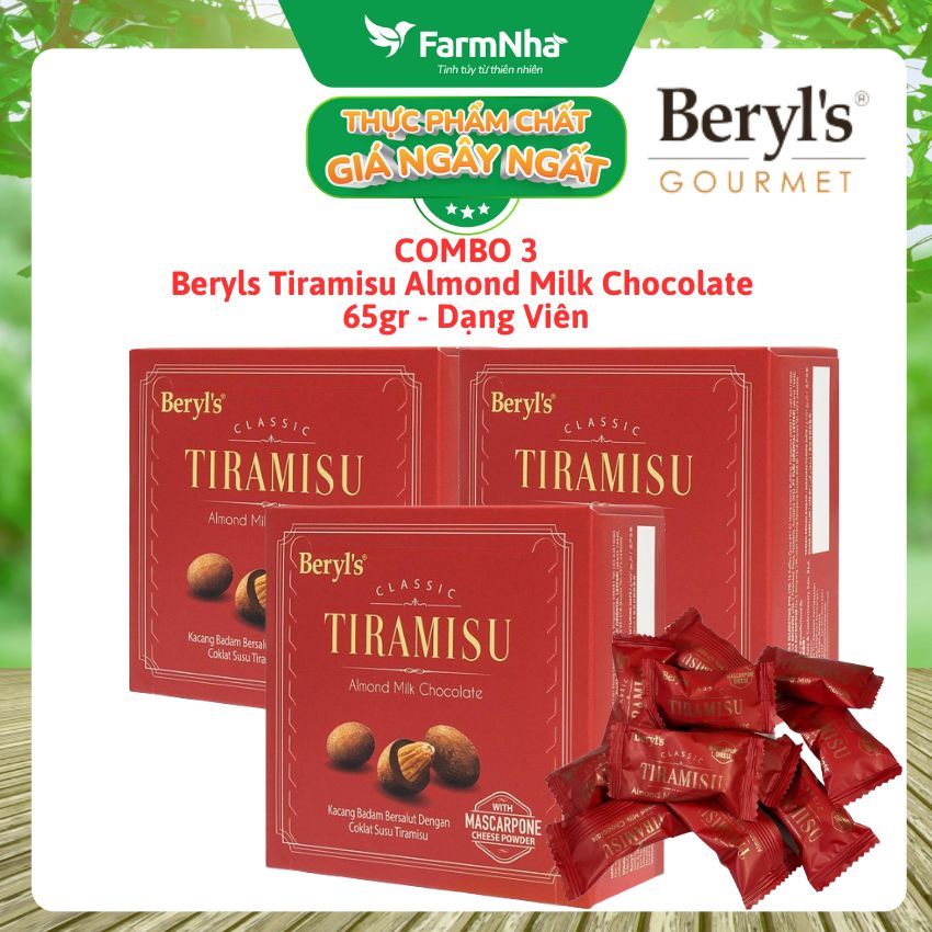   Combo 3  Socola Tiramisu Almond Milk Chocolate 65g Beryls - Socola sữa hạnh nhân hấp dẫn với bột phô mai mascarpone Ý 
