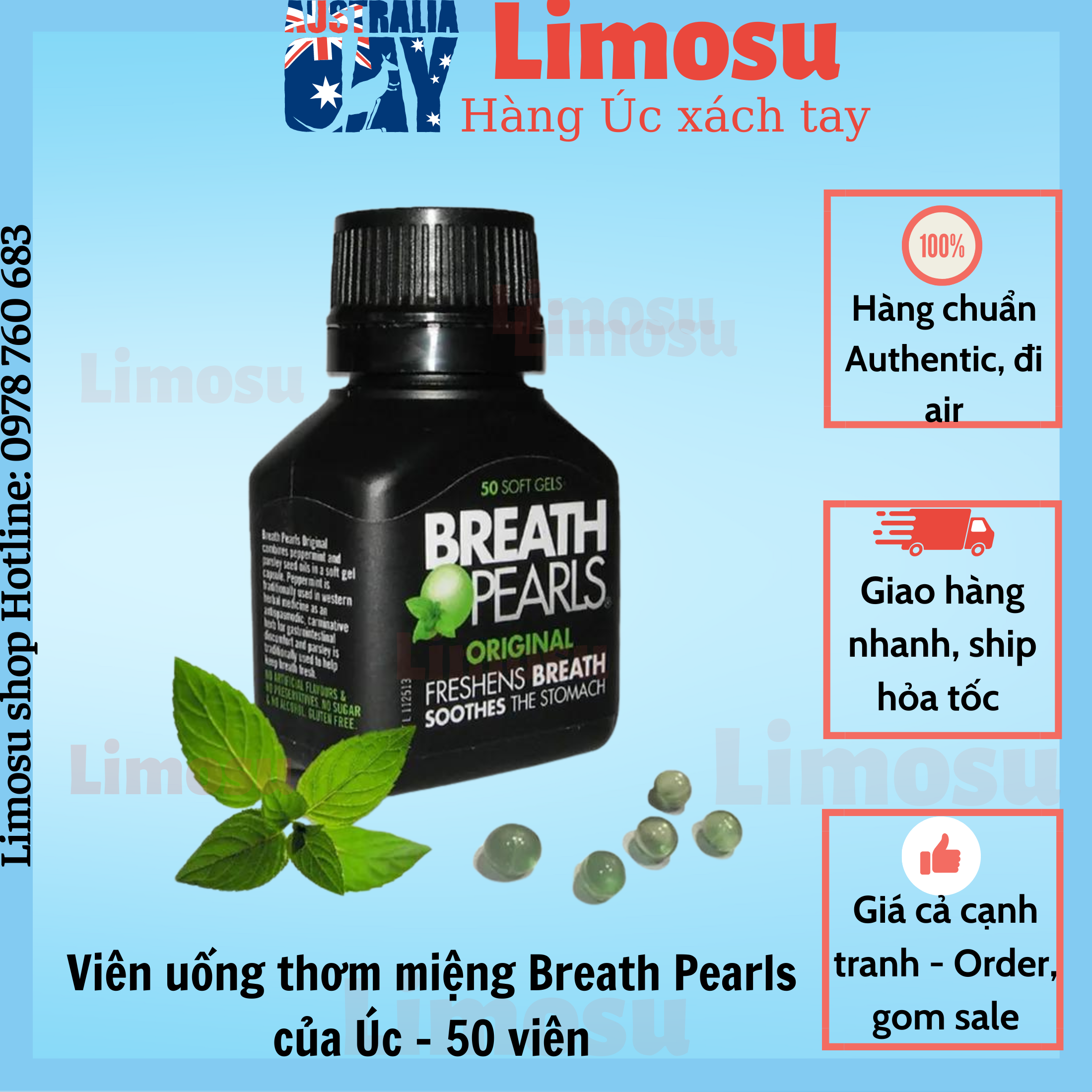 Viên uống thơm miệng Breath Pearls của Úc 50 viên
