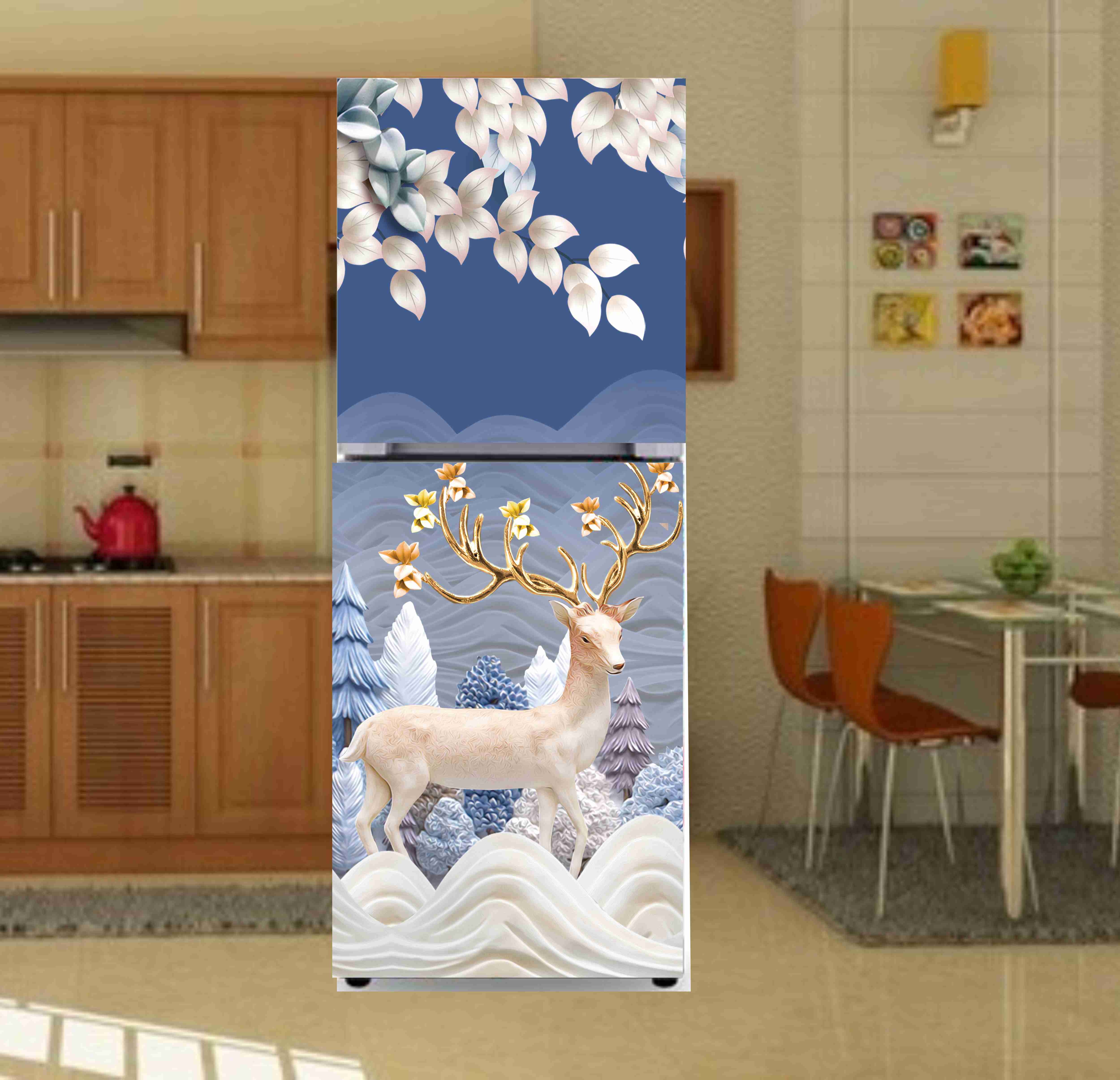 Miếng dán tủ lạnh 3D mẫu nai sừng cực xinh cho tủ lạnh với đầy đủ kích thước