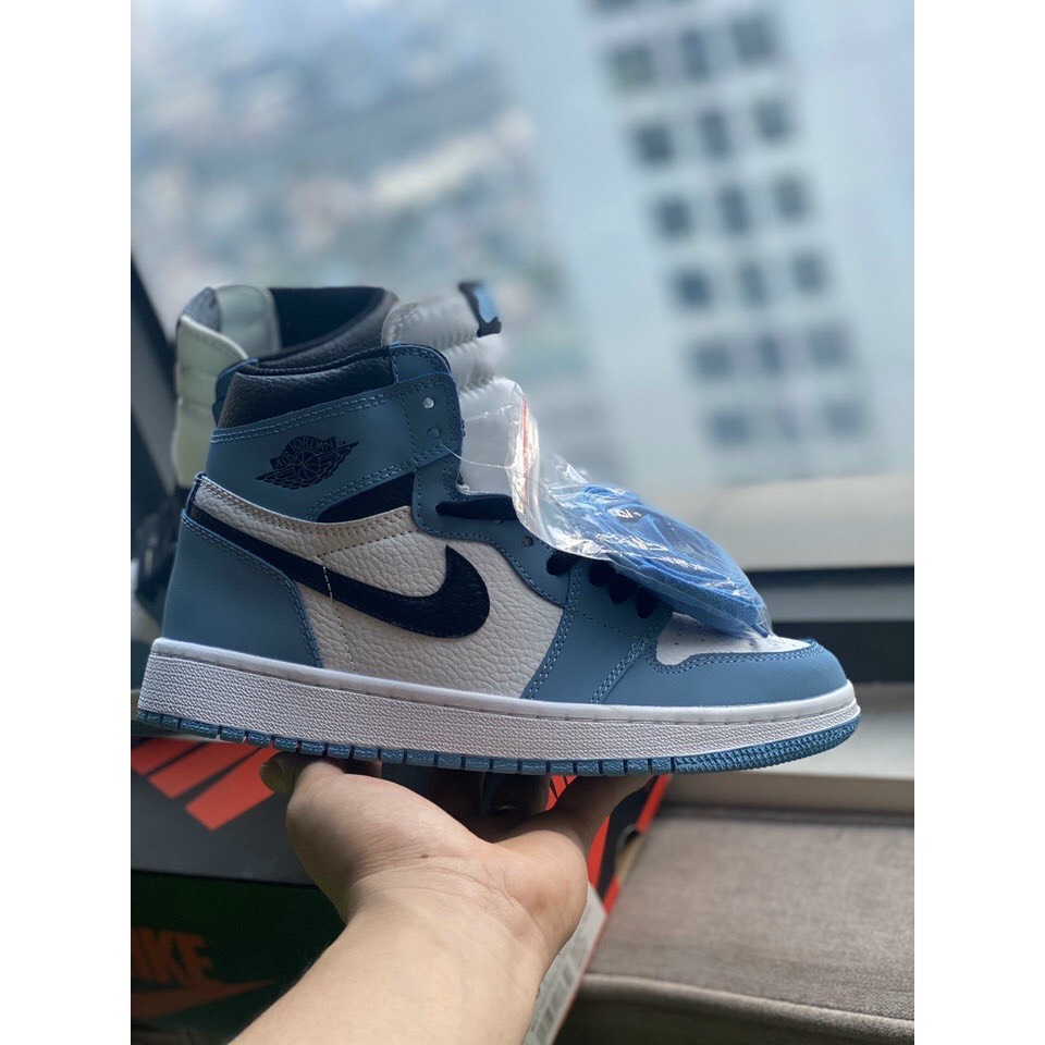 Giày sneaker nam nữ cao cấp, giày nike air jordan unc blue low, jd1 xanh dương cổ cao thể thao full bill box