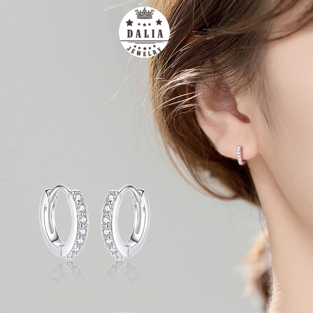 Bông tai bấm bạc ý DaLiA Jewelry không cần chốt, dạng tròn basic