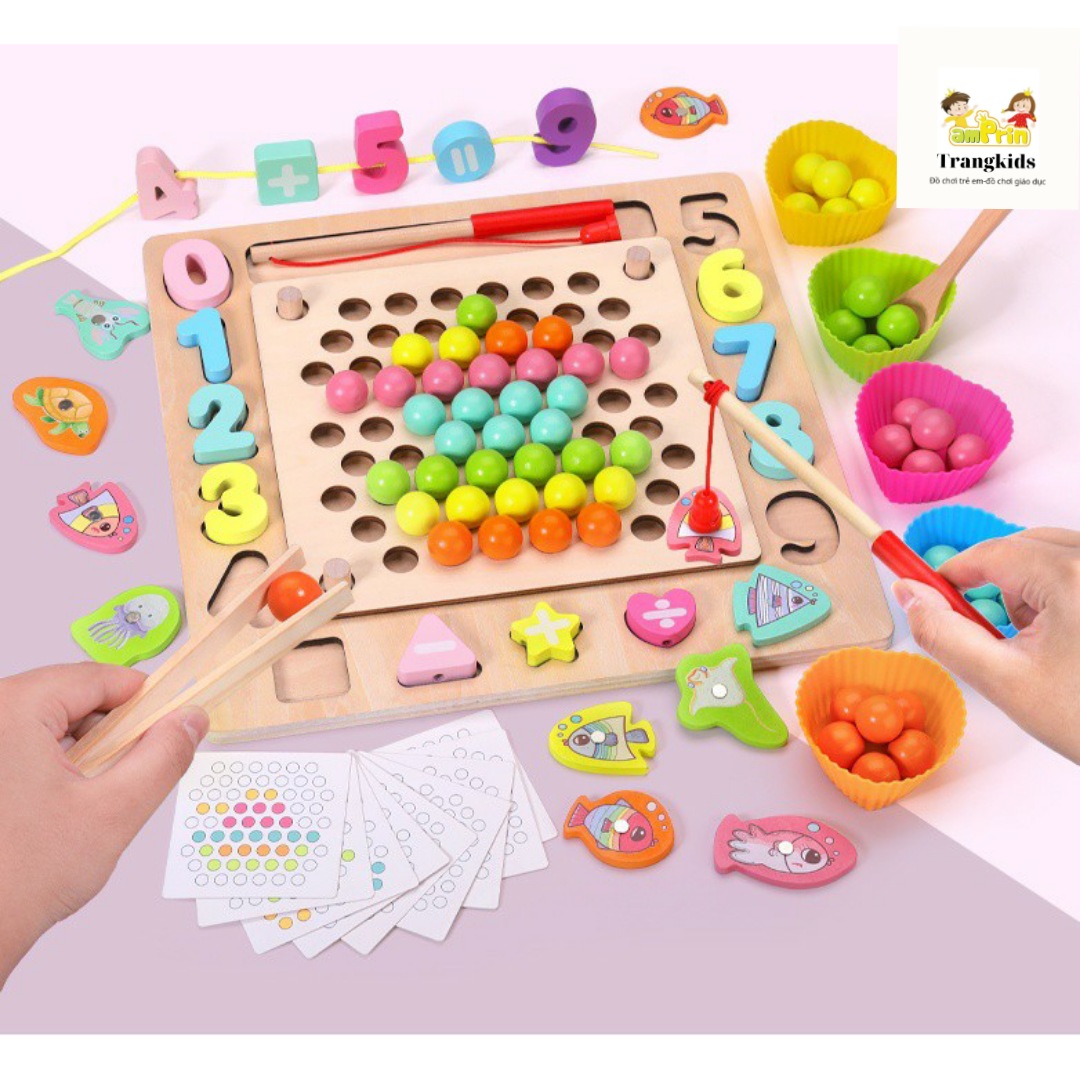 Giáo cụ montessori- đồ chơi gỗ kết hợp câu cá gắp hạt xếp hình khối, lắp số kèm xâu dây trangkids