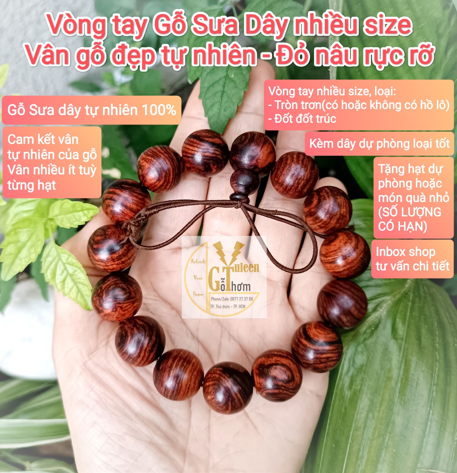 Vòng phong thủy gỗ sưa hút tài vận, sưa dây, vòng tay nam nữ, vân gỗ đẹp, quà tặng, độc đáo, cá tính