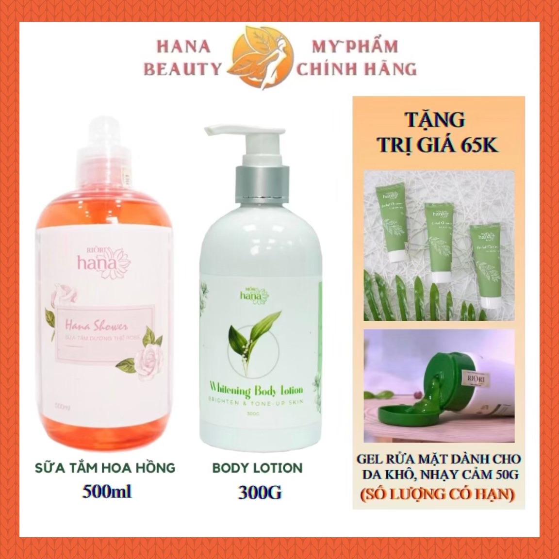 Combo Sữa Tắm Dưỡng Thể Hương Nước Hoa Rose + Body Lotion RIORI HANA, Tặng SRM Thảo Mộc 50g