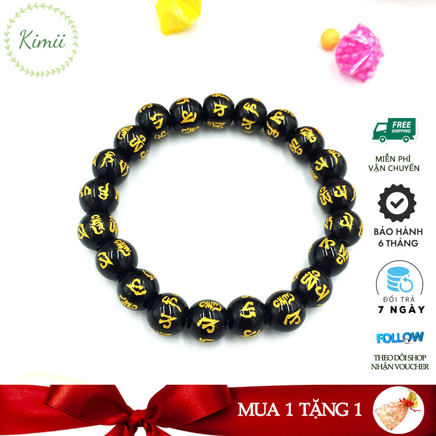 [MUA 1 VÒNG TẶNG TÚI HOA MAI] Vòng tay chuỗi hạt đá đen đính chữ phạn V60, Vòng tay phong thủy, Vòng tay handmade