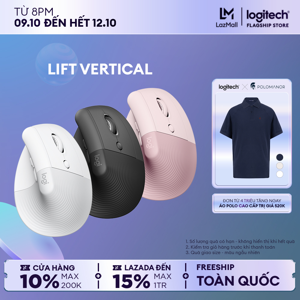 Chuột công thái học không dây Logitech Lift Vertical - Bluetooth|USB Logi Bolt, Silent giảm ồn, 4 nút tùy chỉnh, tương thích với Windows/macOS/iPadOS, Laptop, PC