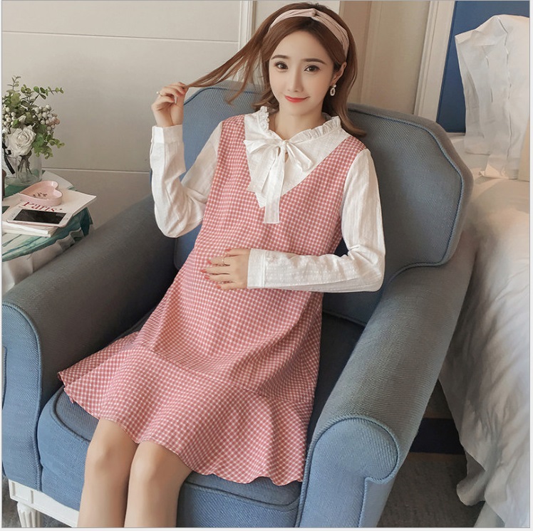 Váy bầu thu kẻ dài tay đuôi cá yếm xinh có video