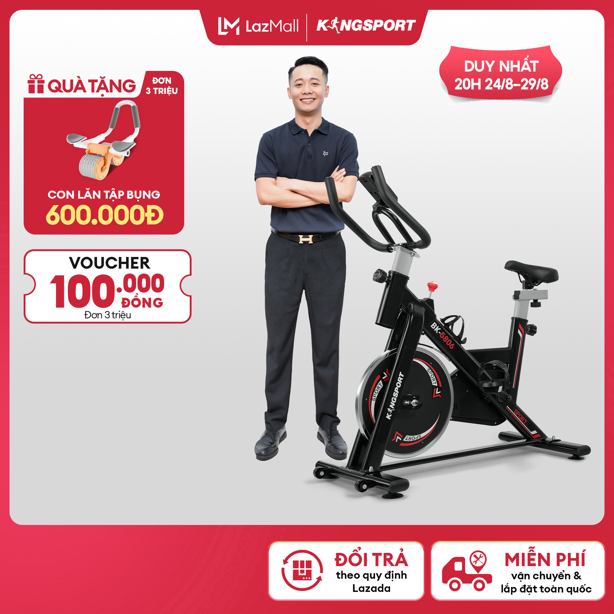 Xe đạp tập kingsport bk-5806 bánh đà 6kg khả năng kháng lực cao, tích hợp đồng hồ đo lường chỉ số