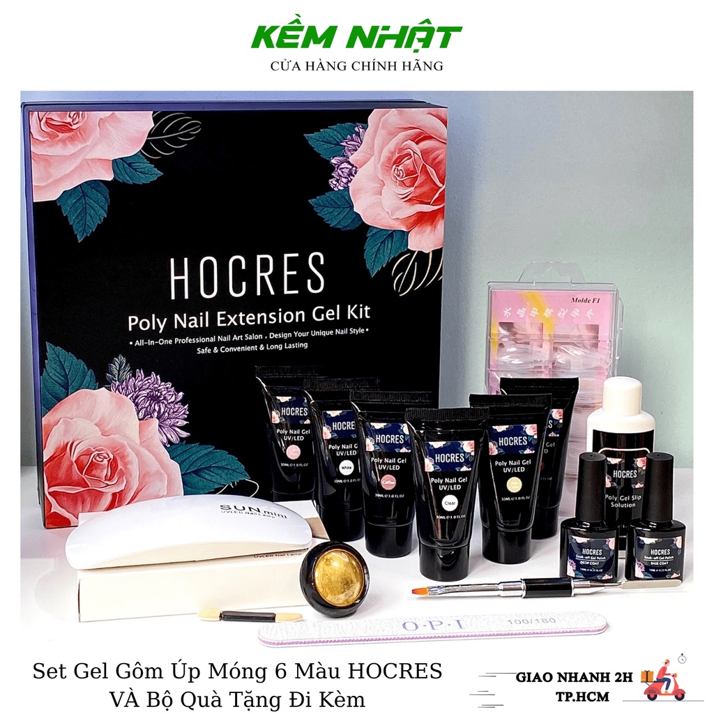 Set gel gôm úp móng 6 màu hocres - tặng kèm máy hơ mini, cọ đắp, móng úp, base top, dũa nước úp móng