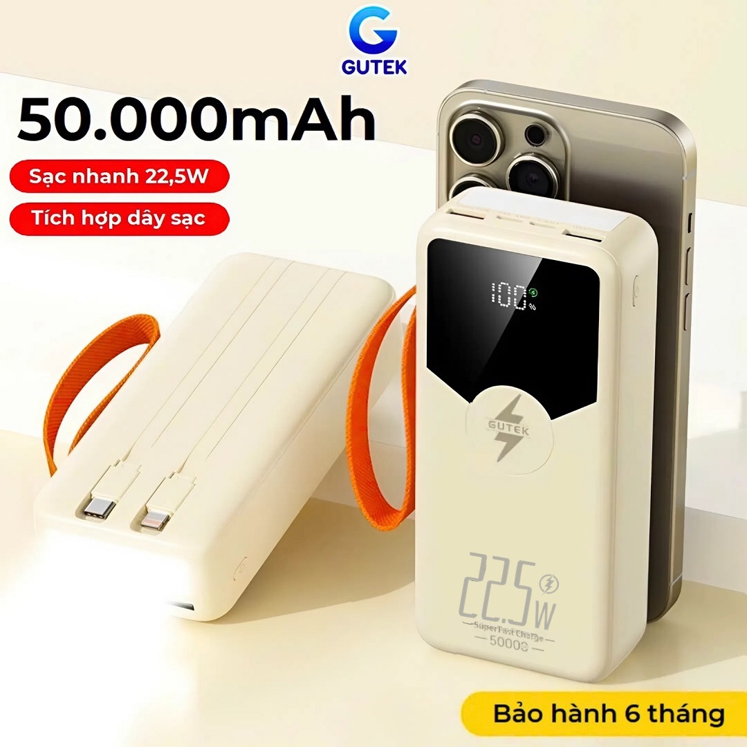  Pin Sạc dự phòng 50000mAh sạc nhanh 22,5W 120W có dây cắm nhiều điện thoại - Gutek GT240 