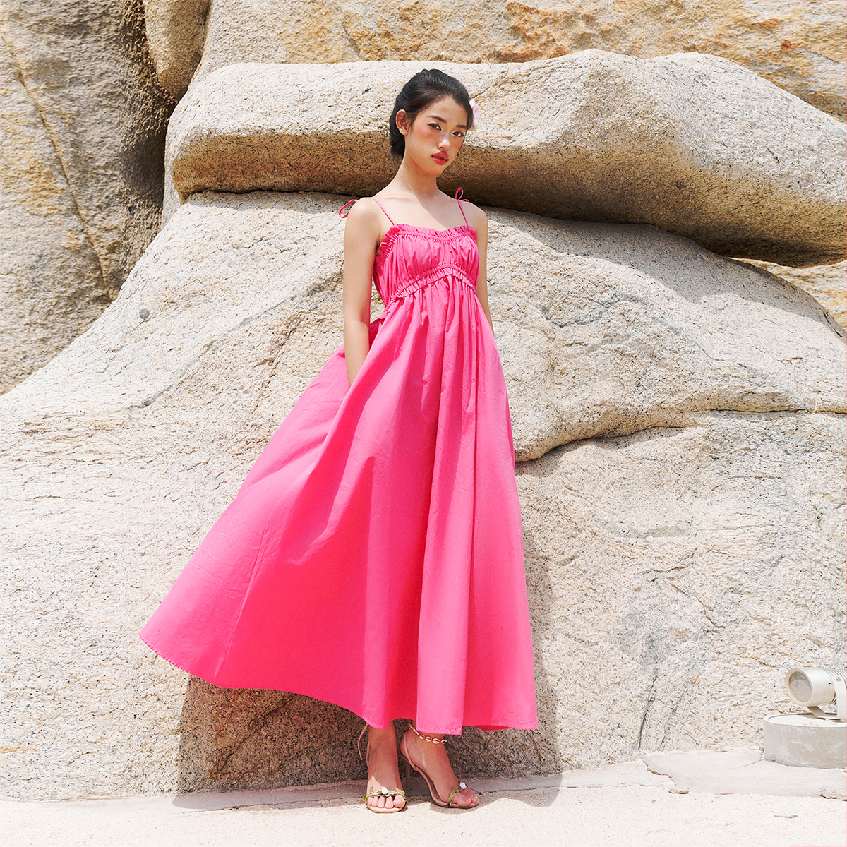 Dottie - đầm maxi 2 dây nhún ngực - hồng - d0596