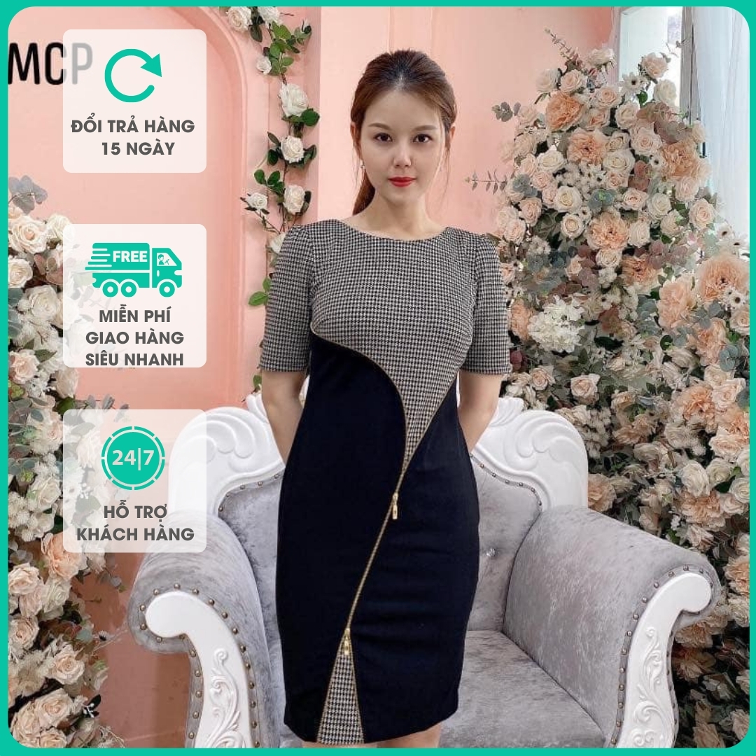 Đầm thun bố body sọc móc câu phối đen dây kéo trang trí